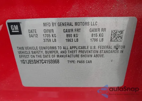 2012 Chevrolet Sonic 2Lz from USA, damaged, VIN 1G1JE5SH7C4193968